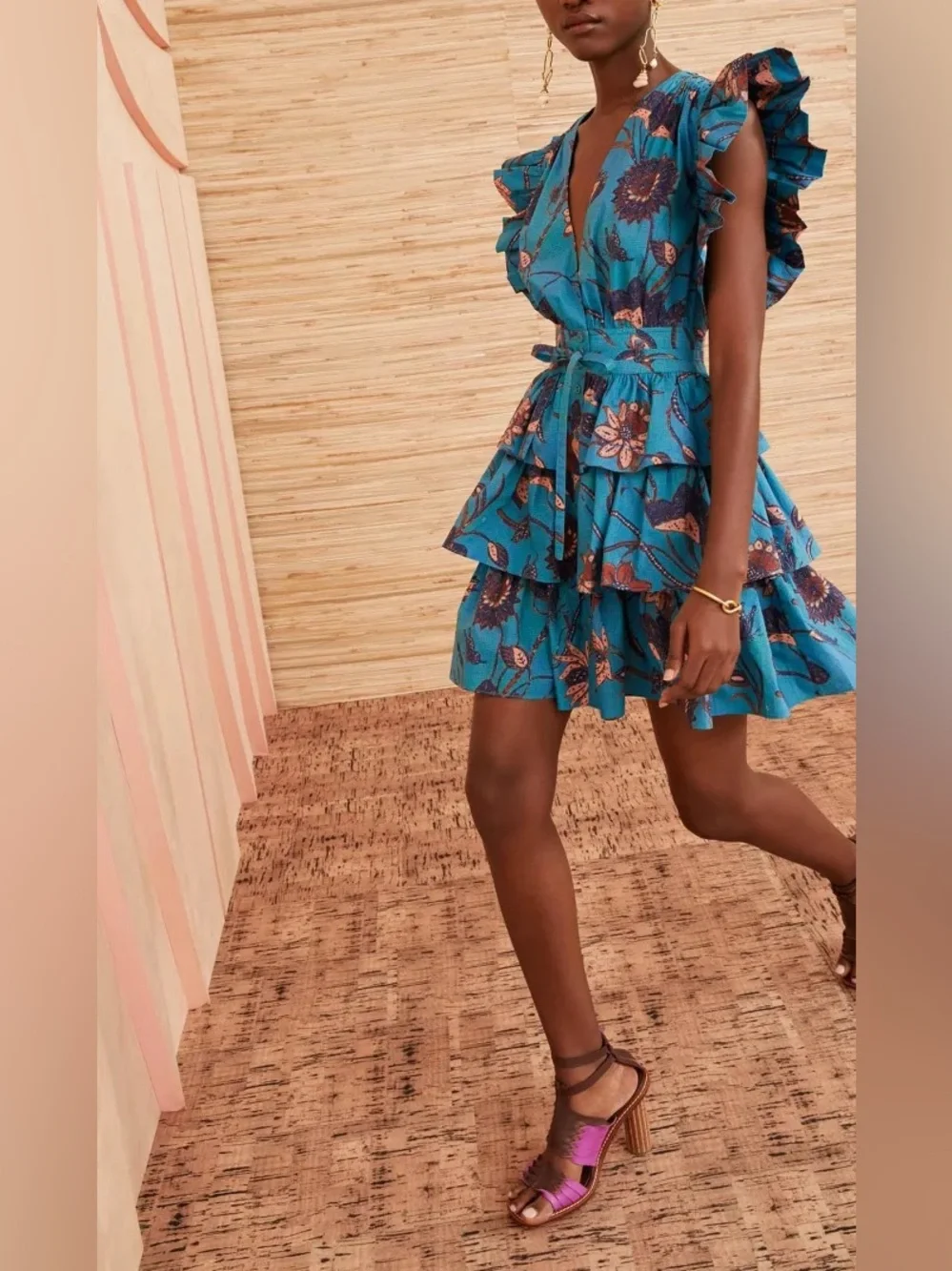 ULLA JOHNSON Sena Ruffled Cotton Mini Dress Laguna Blue Size 6 - Picture 3 of 10